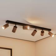 Loftlampe Nise, 6 lyskilder, aflang, sort stål, træ