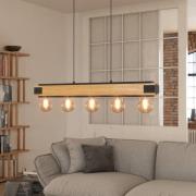 Layham hængelampe, sort/lyst træ, længde 96 cm, 5 lyskilder.