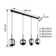 Hængelampe Blacky, sort/røggrå, længde 110 cm, 4 lyskilder.