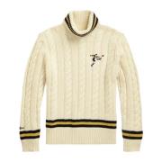 Cable Strikket Uld Blandet Turtleneck Sweater med Rugby Player Broderi