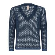 Openwork V-Neck Pullover Bluse Jeans Blå