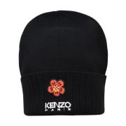 Sort uld beanie med logo broderi