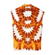 Orange Print Sleeveless Turtleneck Top