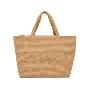 Raffia Tote med Broderet Logo