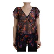 Sort Blomstret V-Neck Bluse Top