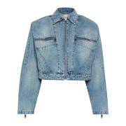 Denim Cropped Jakke med Lynlåsdetaljer