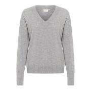 Grå Melange V-Hals Pullover Sweater