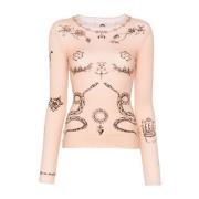 Beige Tattoo Print Crew Neck Top