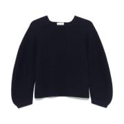 Blå Ribstrikket Crew Neck Sweater