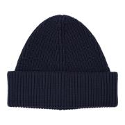 Navy Ribstrikket Uld Beanie Hat