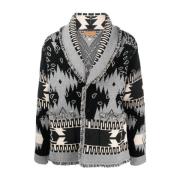 Sort Intarsia Cardigan med Frynser