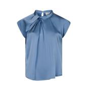 Blå Blomstret Satin Bluse Top