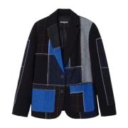 Sort Geometrisk Blazer med Reverskrave