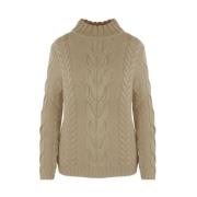 Brun Uld Turtleneck Sweater med Fletstrik Broderi