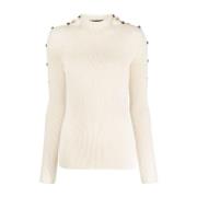 Beige Bomuld Rib Højhalset Sweater