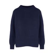 Blå Cashmere Sweater med Ribbed Broderi