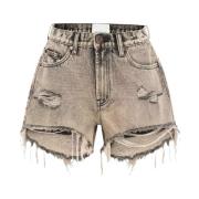 Beige distressed denim shorts