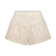 Creme Linnedblandingsbroderede Shorts