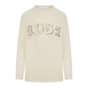 Beige Cashmere Sweater med Paillet Logo