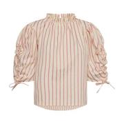 Stribet Gem Puff Bluse med Rynke