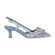 Denim Slingback med Frynser og Rhinestone Spænde