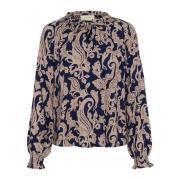 Blå Paisley Feminin Bluse med Pufærmer