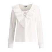 Bomuld Ruffle Bluse V-hals Kvinder