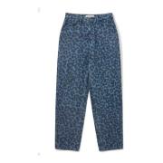 Blå Denim Mom Jeans med Leopard Print