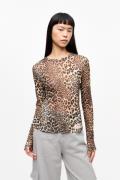 Ganni Printed Marl Mesh Long Sleeve Top Kvinde Leopard Langærmede Blus...